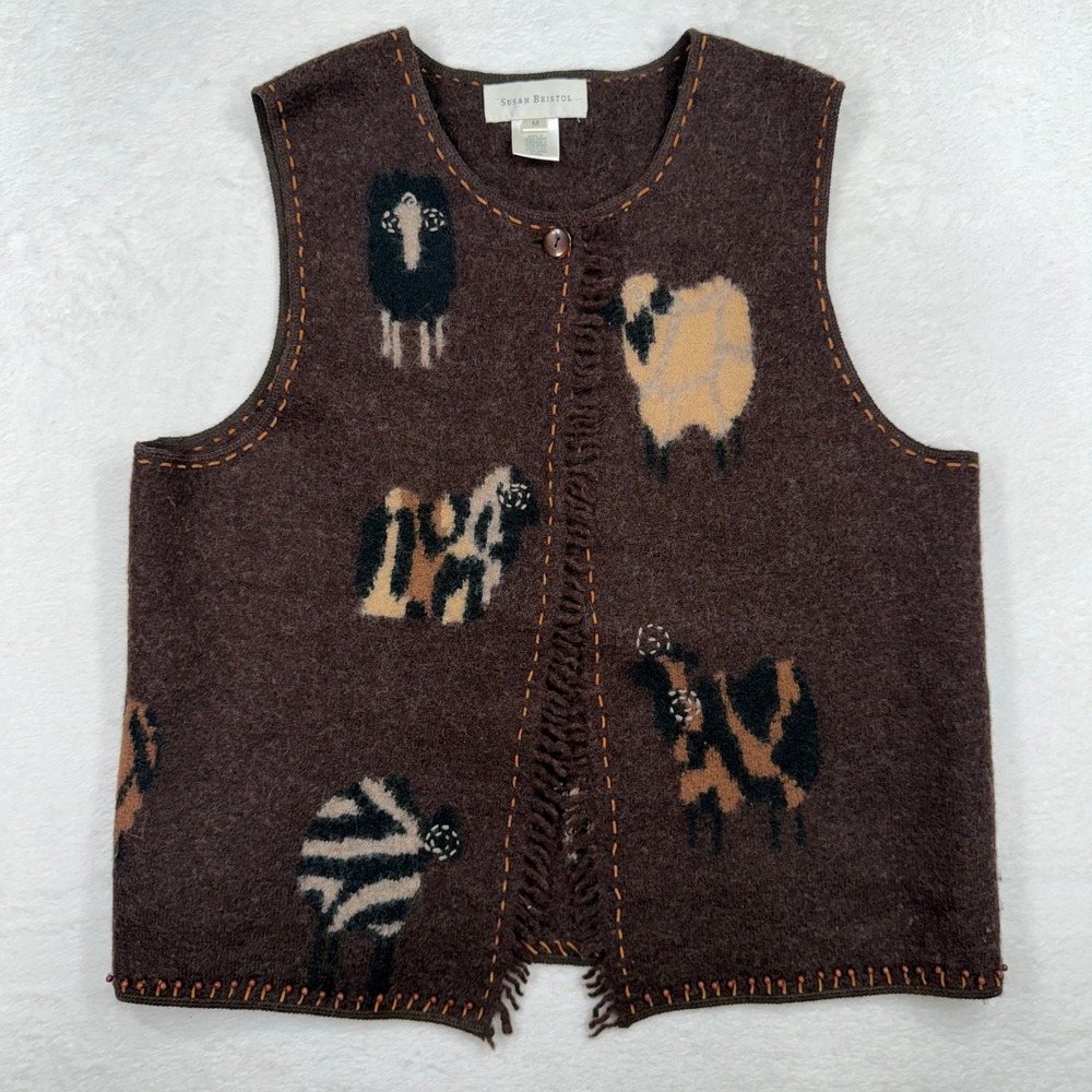 Susan Bristol M Wool Sweater Vest Goat Sheep Animal Print Embroidered Vintage - Picture 2 of 15